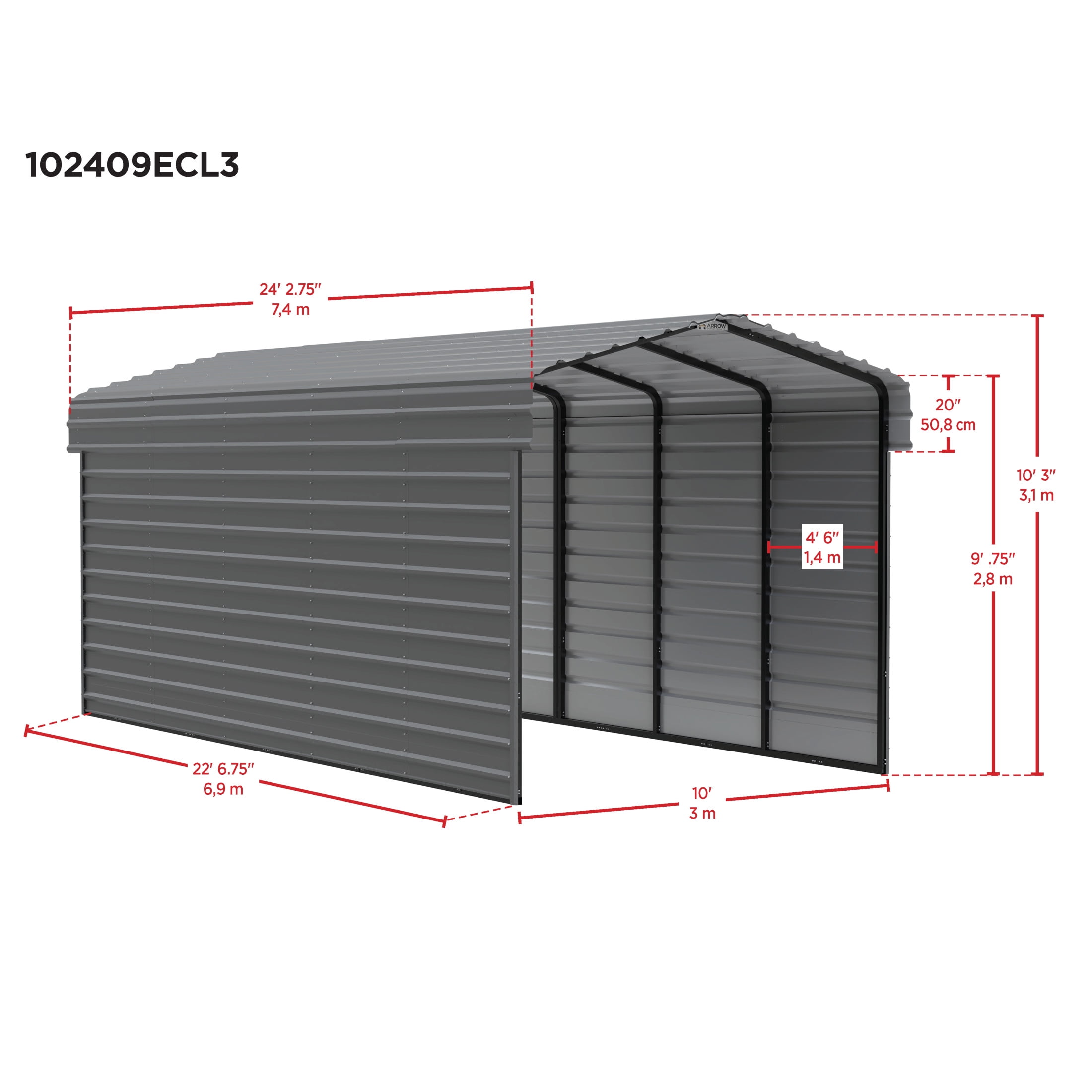Arrow 10 x 24 x 9 ft Charcoal Steel Carport With 3 Wall Kit