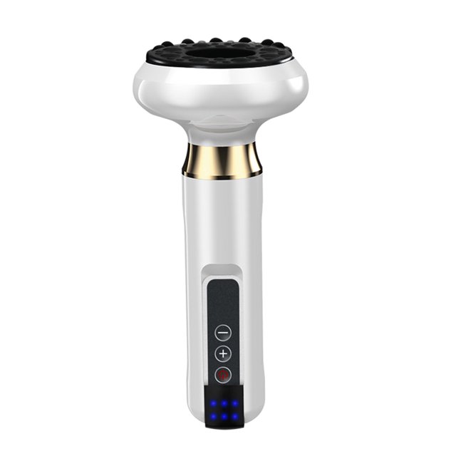 masajeador eléctrico gua sha con ventosas, 6 niveles de succión, frecuencia eléctrica pulsada, máquina de ventosas gua sha con pantalla led, color blanco — vista frontal centrada de un masajeador eléctrico Gua Sha blanco con cabeza redonda negra con puntas, mango cilíndrico con anillo dorado, panel táctil con botones +, - y encendido y cuatro indicadores LED azules en la base; carcasa de ABS lisa. También es adecuado para rutinas de relajación en casa.