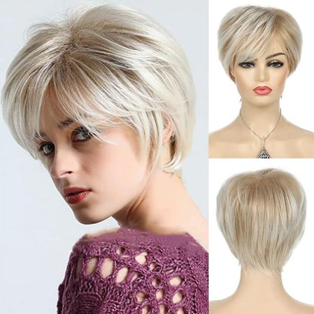 Peluca Baruisi de Pixie rubia corta para mujer, peluca sintética Natural en capas con flequillo, peluca de Cosplay de repuesto resistente al calor