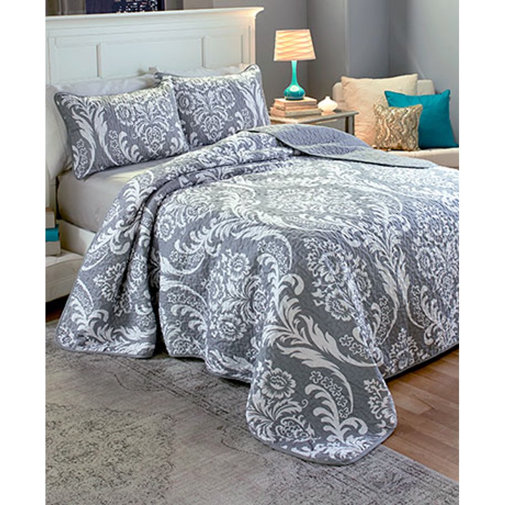 The Lakeside Collection 3Pc. Damask King Quilt Set Gray