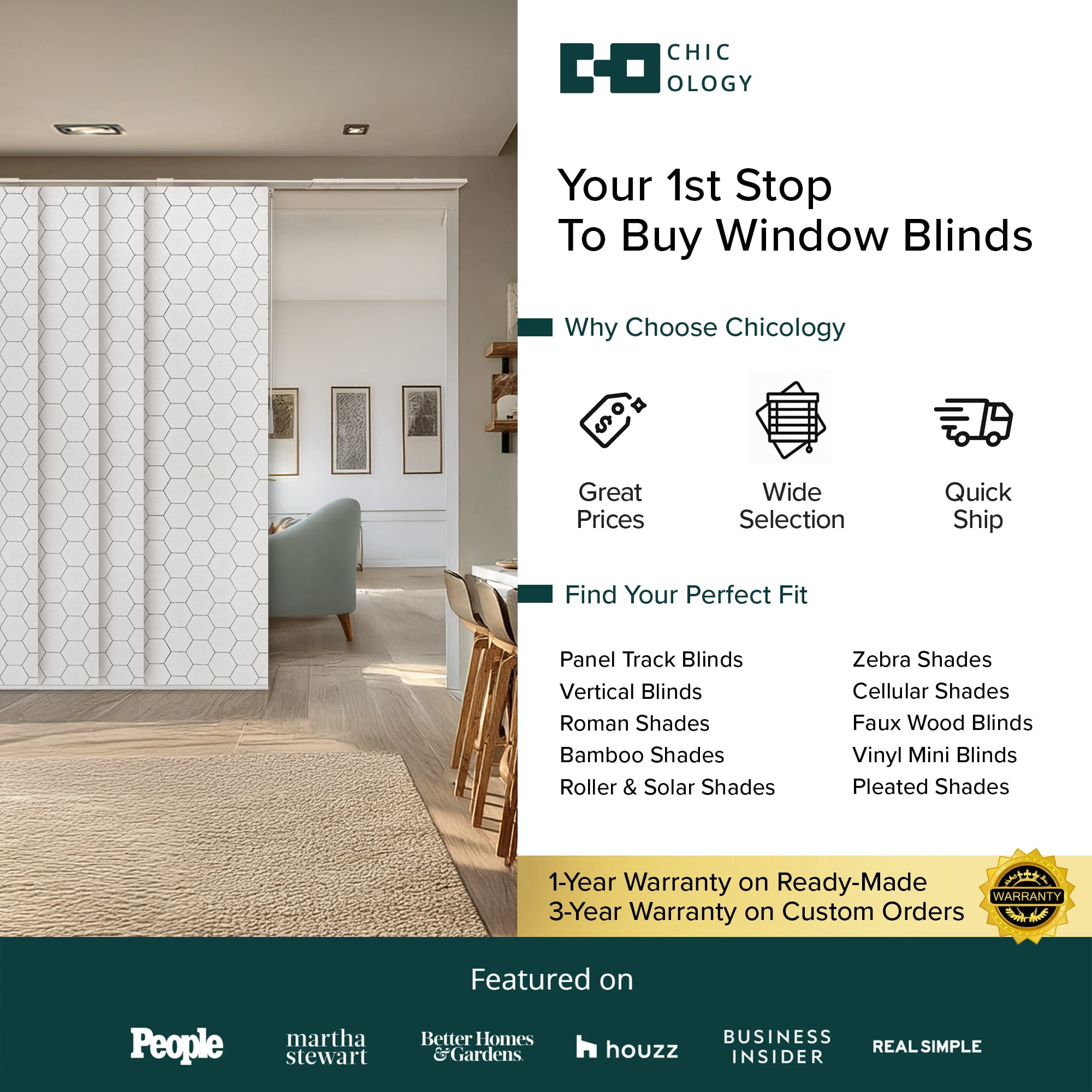 Chicology Adjustable Sliding Panel Blinds. Hexagon, 46"-86"W X 0"-96"H