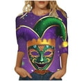 thumbnail image 2 of TrendVibe365 Mardi Gras Women's Plus Size Tops with 3/4 Sleeves with Crew Neck Polyester Casual Mask Printed Mardi Gras Celebrations Blouse Tops for Mardi Gras Event Purple 2XL, 2 of 5