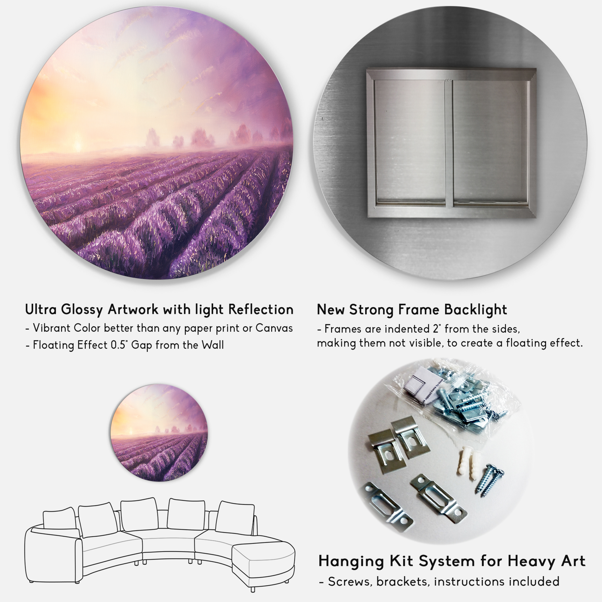 Designart 'Lavender Fields During Sunrise' Modern Circle Metal Wall Art 36x36 - Disc of 36