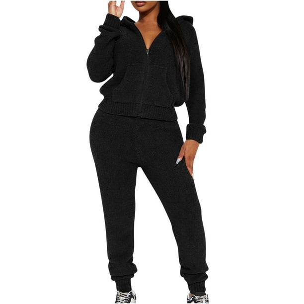 Womens Winter Fall 2 Piece Outfits Velour Tracksuit Zip Up Hoodie