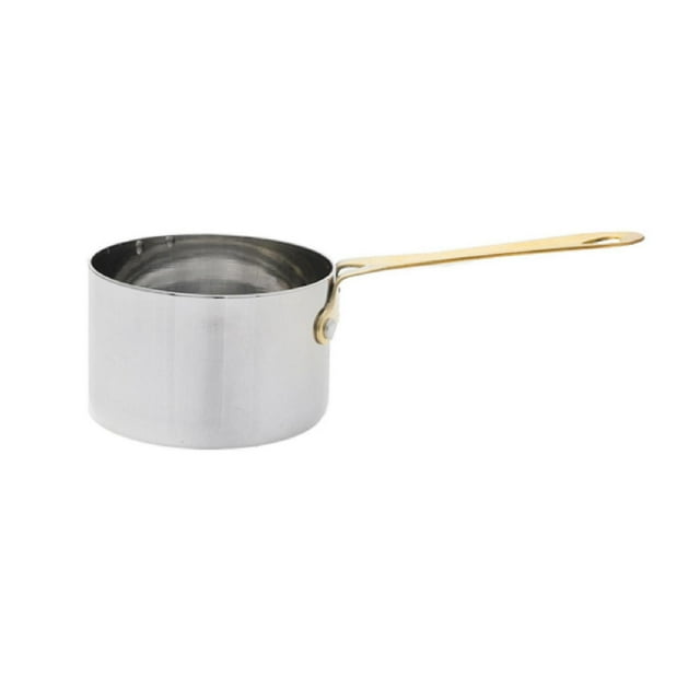 IH Casa Decor Casserole Mini en Acier Inoxydable avec Poignée en Laiton 200 ml, Dotée d'Un Corps en Acier Inoxydable Argenté Brillant et d'Une Poignée en Laiton Résistante à la Chaleur avec Trou de Suspension, Conçue pour une Cuisson Précise et un Usage en Cuisine, Convient Aussi pour Faire Fondre de Petites Quantités d'Ingrédients.
