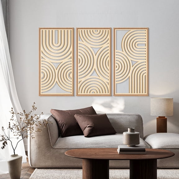 HPNIUB Boho Wooden Framed Wall Art Mid-Century Modern Abstract Geometric Decor Minimalist Set of 3 for Living Room Bedroom Office 16x32 Inch