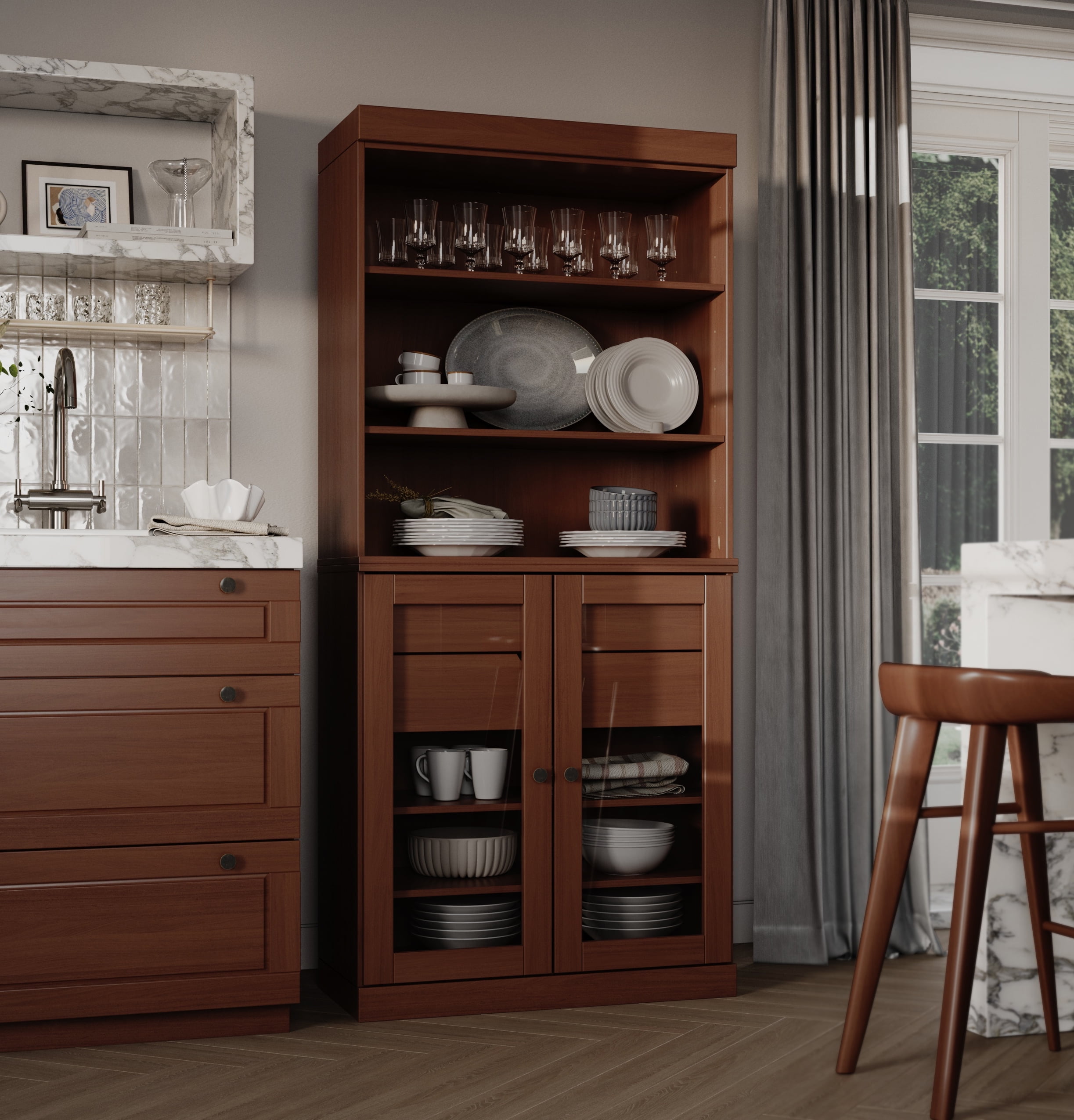 Palace Imports 100% Solid Wood 32" Kitchen Pantry Storage Cabinet with Glass Doors, Adjustable Shelves and 2-Drawers, Mocha