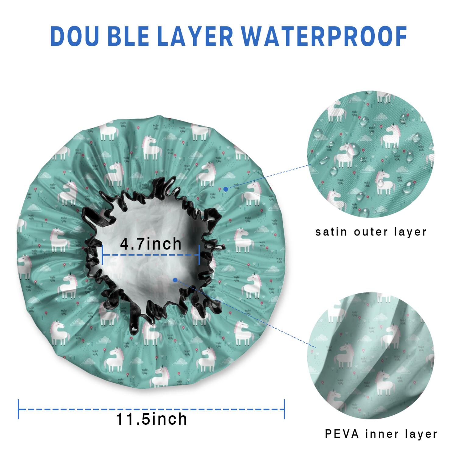 Shower Caps,Green Cartoon Unicorn Pattern Waterproof Shower Cap for Women 4 Pieces,Double Reusable Hair Cover for Shower PEVA Elastic Stretch Hem