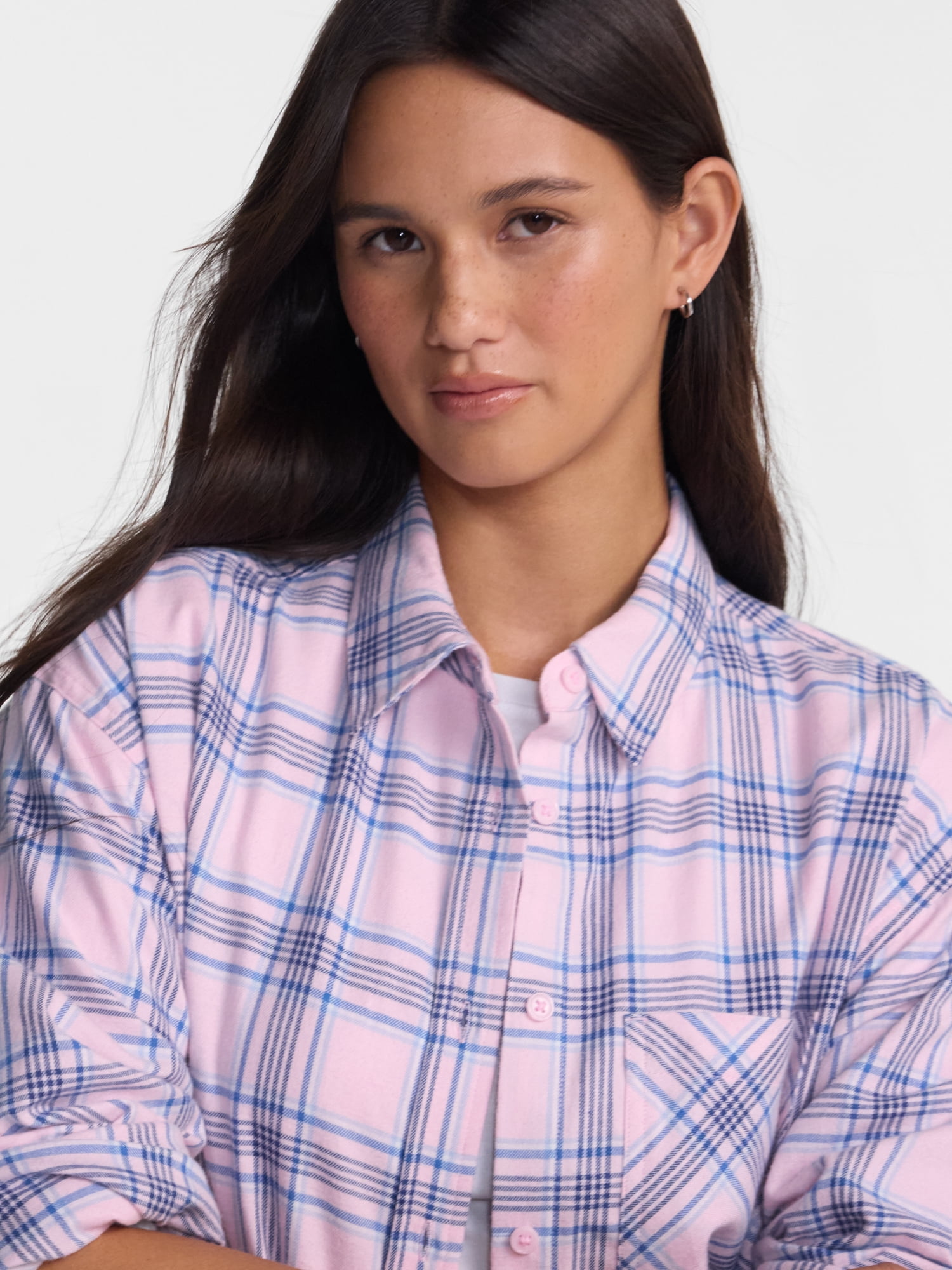 No Boundaries Plaid Flannel Shirt with Long Sleeves, Women's XXS-XXL
