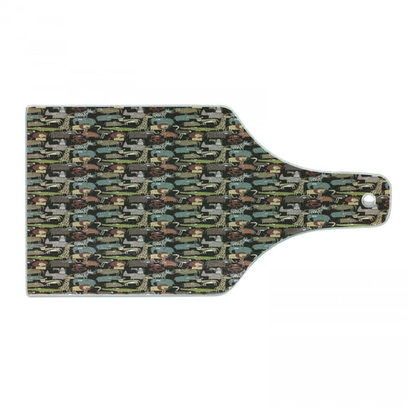 Animal Cutting Board, Cartoon Style Fauna of Savannah Giraffe Antelope Zebra Crocodile and Lion, Decorative Tempered Glass Cutting and Serving Board, Wine Bottle Shape, Multicolor, by Ambesonne