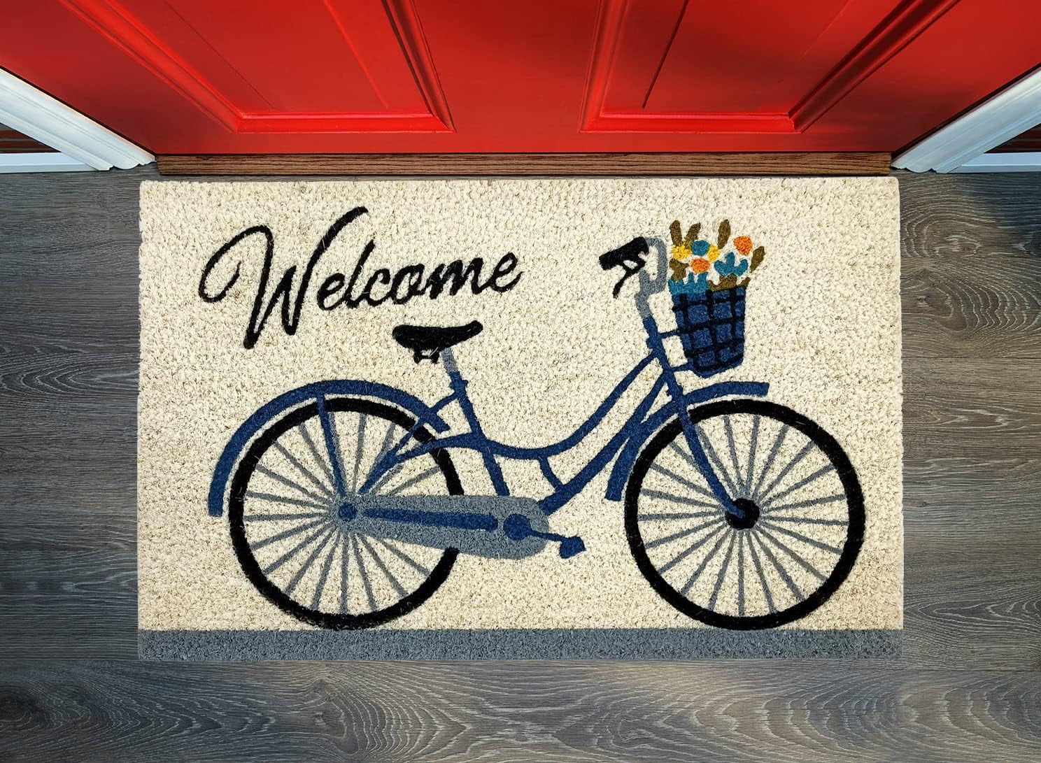 Kashi Home Printed Coir Fiber 18x28 Non-Slip Doormat, Durable Outdoor / Indoor Rug, Entryway, Front Door, Porch, Patio, Welcome Mat, Hello Spring Theme, Floral Americana Design Decor (Welcome Bicycle)