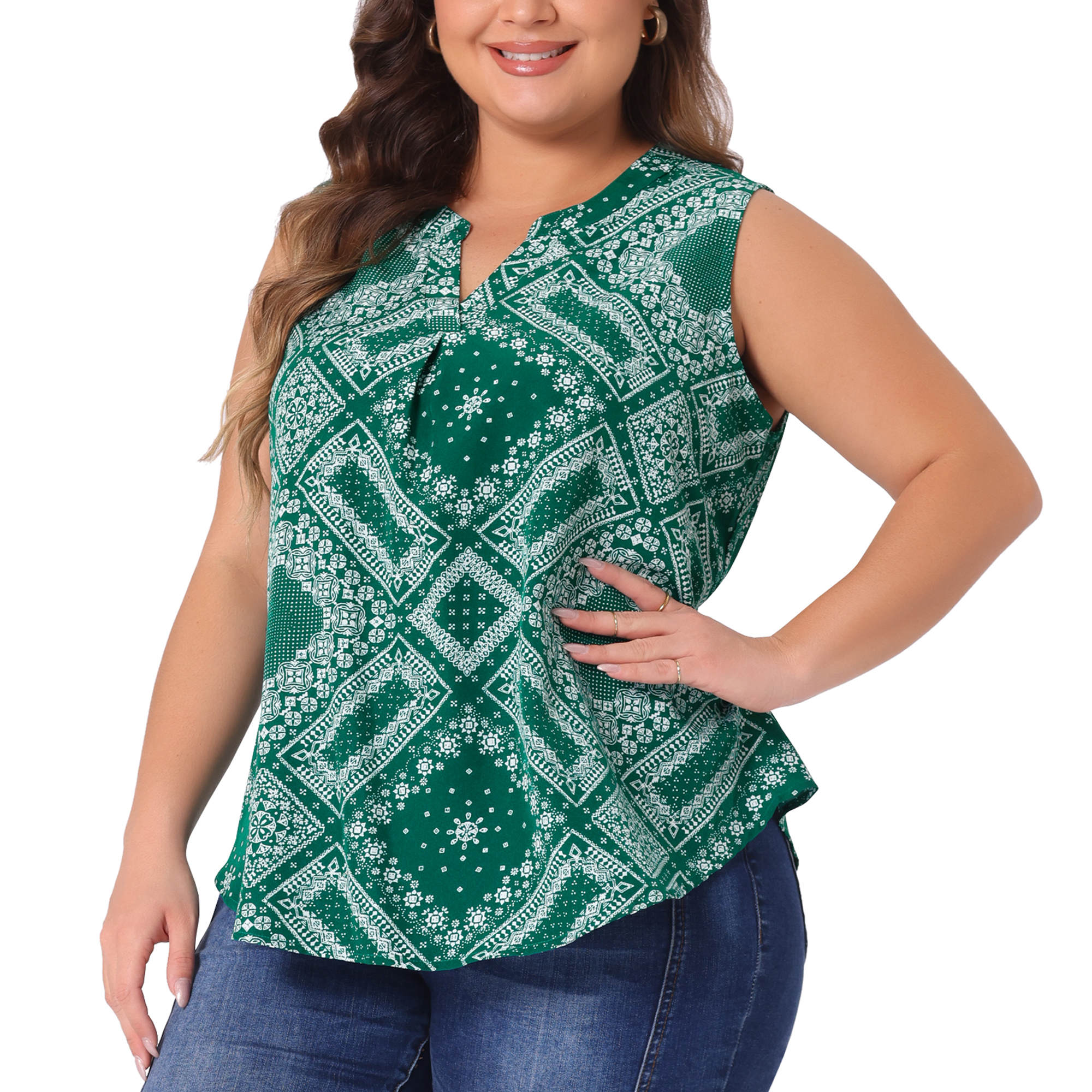 DARING DIVA Women's Plus Sleeveless Floral Print V Neck Tank Top 1X Green