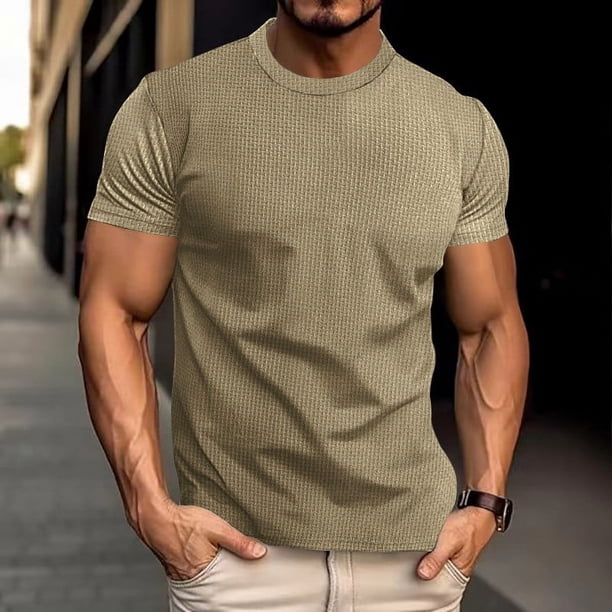 pstuiky camiseta de hombre, Camiseta deportiva informal elástica de manga corta con cuello redondo para hombre, color liso camisas casuales para hombre xl