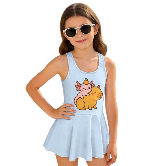 Uourmeti Cartoon Capybara & Axolotl Print Girls Skirted One-Piece Swimsuit - Quick Dry Stretch Swim Dress for Beach, Pool & Summer Vacations