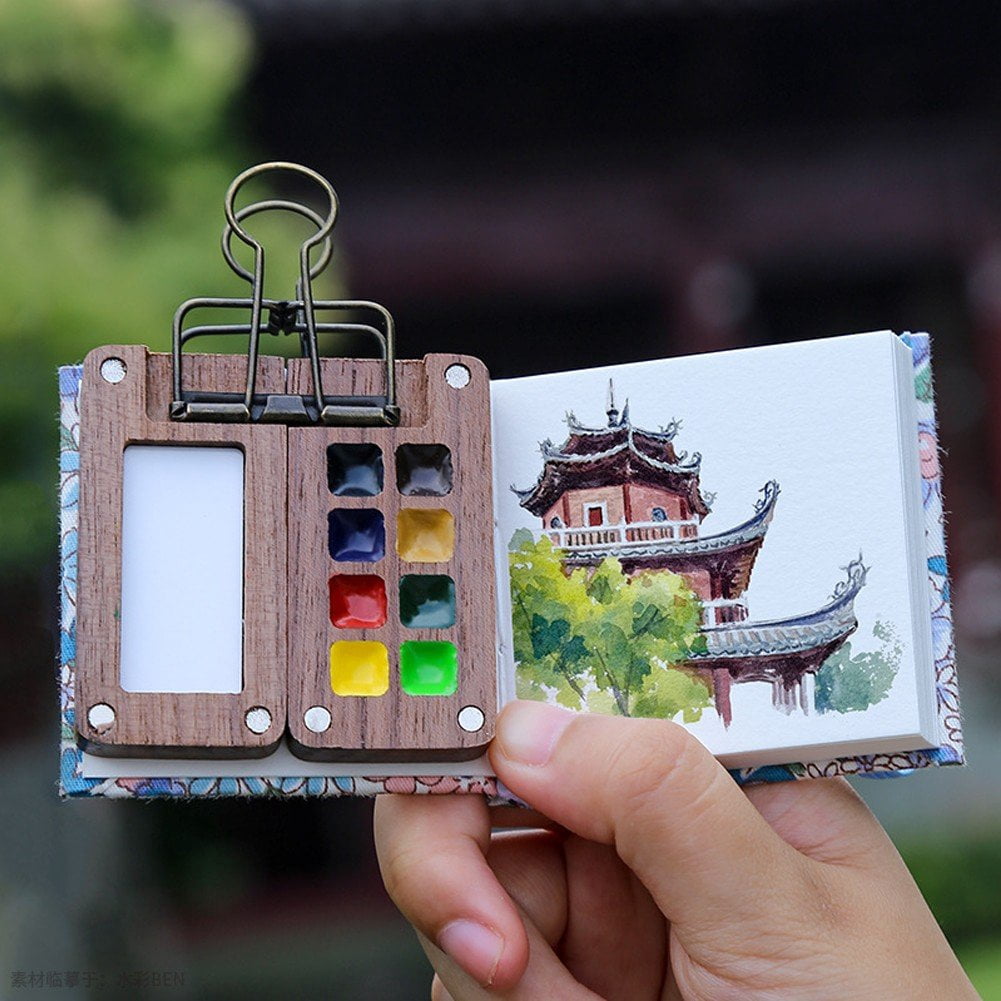 Portable Travel Watercolor Set, Mini Watercolour Paint Set Pocket Paint Sketchbook Box for Outing Art Supplies