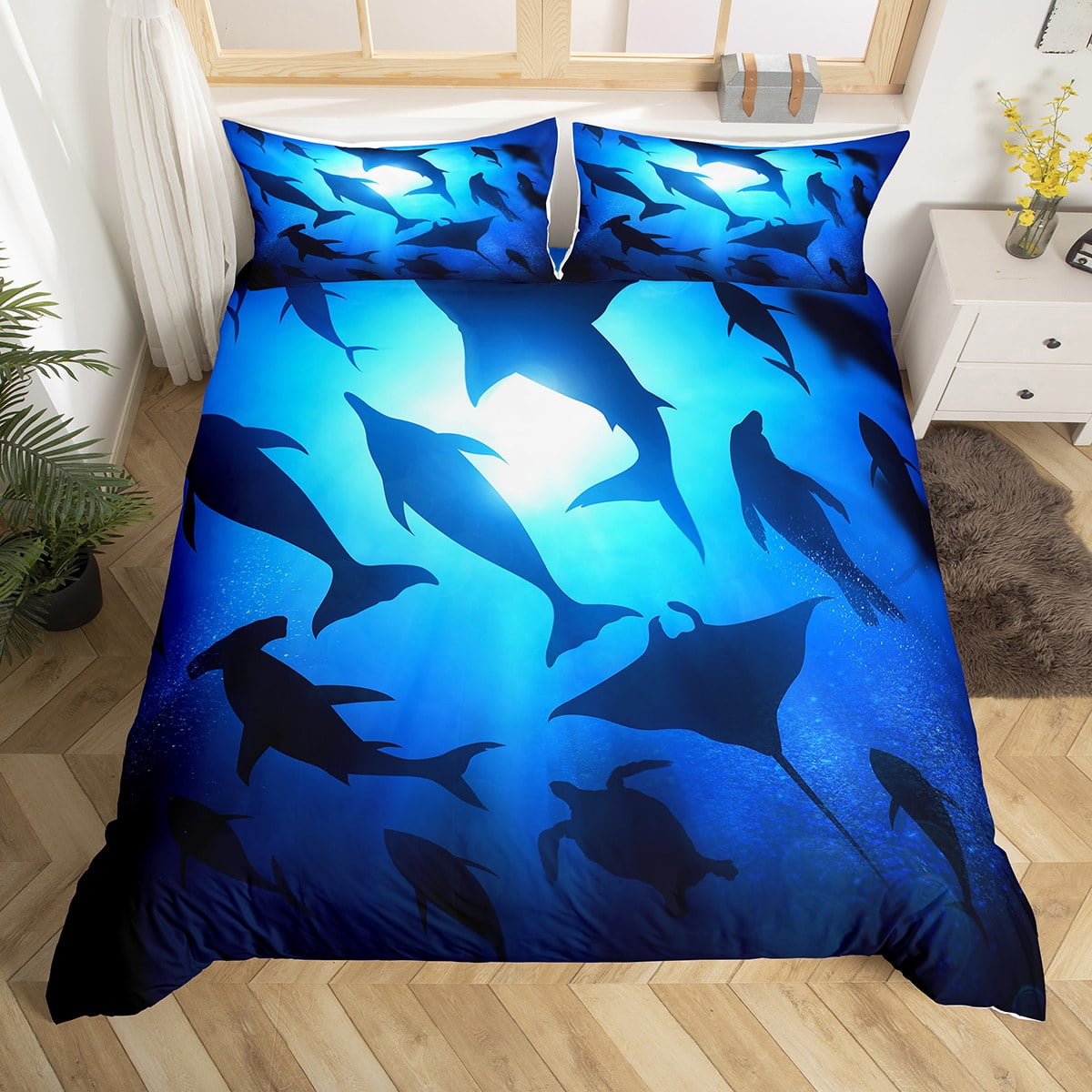 YST Ocean Themed Comforter Cover Marine Sea Bed Set, Navy