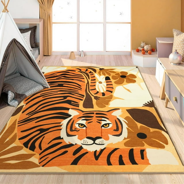 LIVEBOX 5x7 Tiger Rug for Living Room, Soft Animal Print Rug for Boy Playroom,Non-Slip Machine Washable Area Rugs for Dining Room Office,Kids Carpet for Nursery Classroom (Brown, 5'x7')