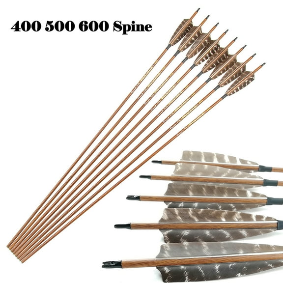 Pinals Traditional Archery Hunting Arrows 400 500 600 Spine Turkey Feather 32 Inch Carbon Shafts for Recurve Longbow Compound Bows Targets 12PCS 400