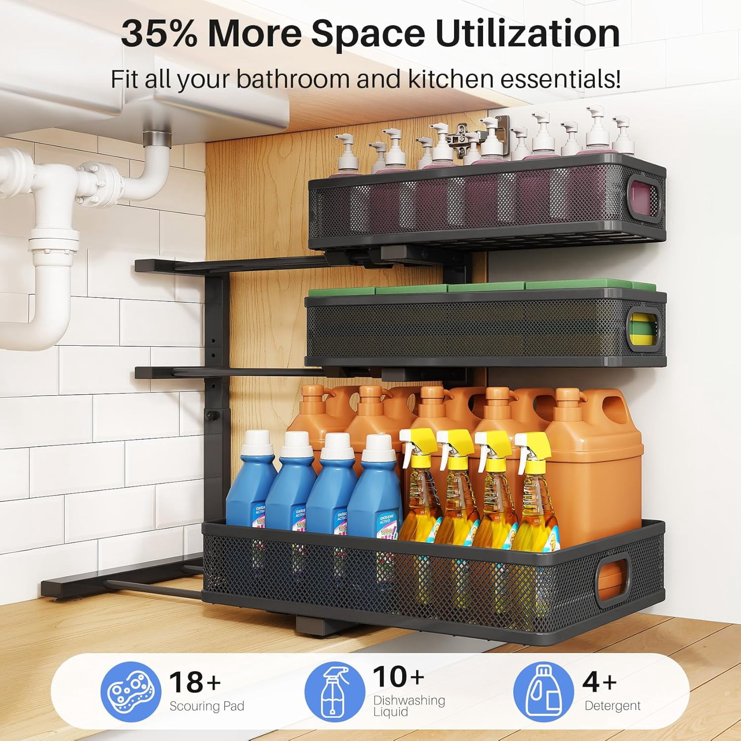 HERJOY Under Sink Organizer, 2-Pack 3-Tier Height Adjustable Thickened Metal Pull out Cabinet Organizer Shelf, Slide out Storage Drawer Rack for Bathroom Kitchen Pantry Home Laundry Organization