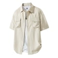thumbnail image 2 of Men's Solid Color Work Shirt Polyester | Casual Button Down Short Sleeve Shirt Three-Quarter Loose Fit Pockets Button-Down Collar Breathable Daily Office Business | Zenithor,Beige L, 2 of 9