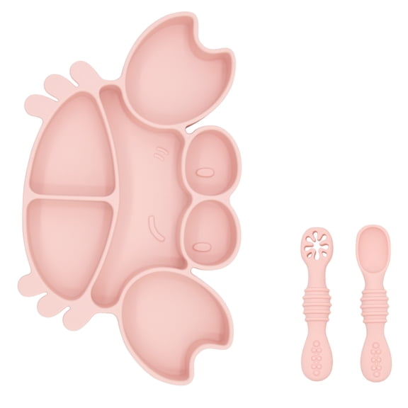 BabyX Silicone Feeding Set (3 PCs) Cove & Coast Series, Baby Plate with Suction Cup, Training Spoon and Fork, BLW Utensils for Toddler Kid, BPA-Free, Microwave/Dishwasher Safe - Pink Crab