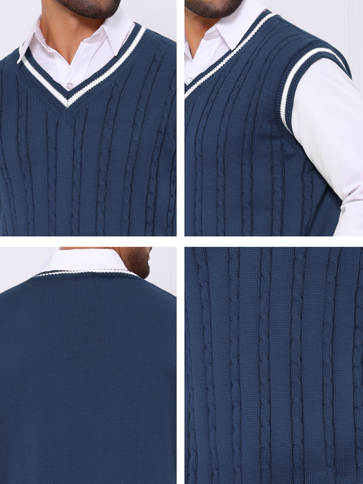 DARING DIVA Men's Solid Color V-Neck Sleeveless Cable Knitted Sweater Vest XL Navy Blue
