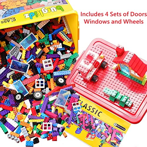 Ensemble de 520 Pcs de Briques de Construction, 500 Blocs de Construction de Base en 17 Formes Comprenant des Roues, une Porte, une Fenêtre, un Bloc en Vrac avec Boîte de Rangement Réutilisable et une Construction