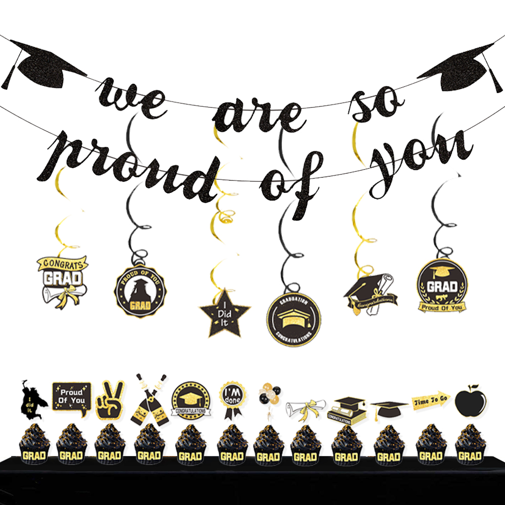 Happy Graduation Banner 1,5x0,9 M - Abschlussbanner 'Well Done' In Schwarz-Gold, Für Innen & Außen