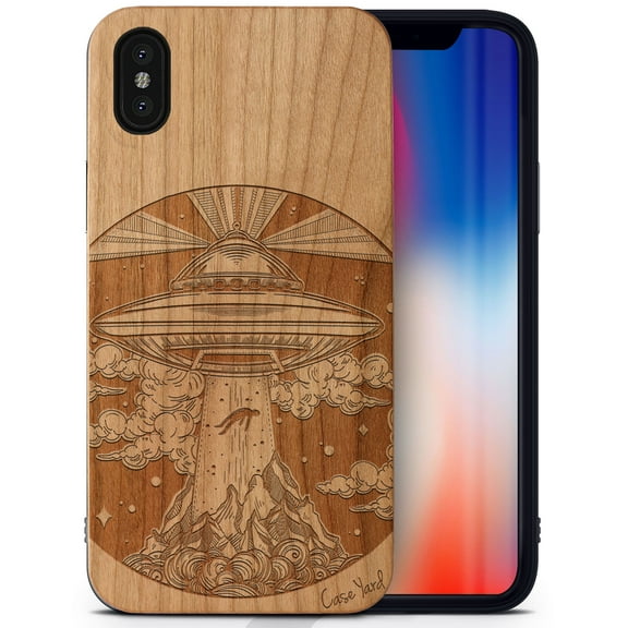 Case Yard Wooden Case Outside Soft TPU Silicone, Slim Fit Shockproof Wood Protective Phone Cover for Girls Boys Men and Women, Supports Wireless Charging Alien Spaceship Design case for iPhone-X