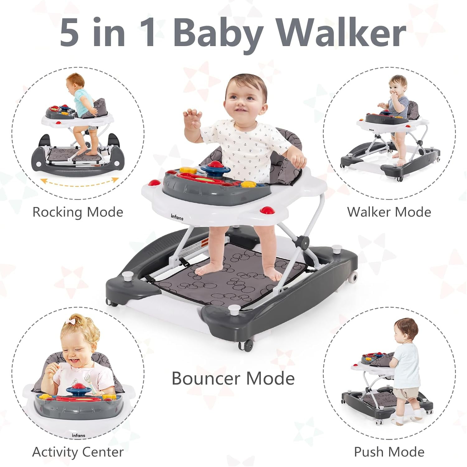 INFANS Baby Walker, 6 in 1 Behind Walker Learning Seated Rocker Bouncer with Removable Music Tray, Adjustable Height and Speed, Washable Seat Cushion, Foldable Activity Center for Toddlers