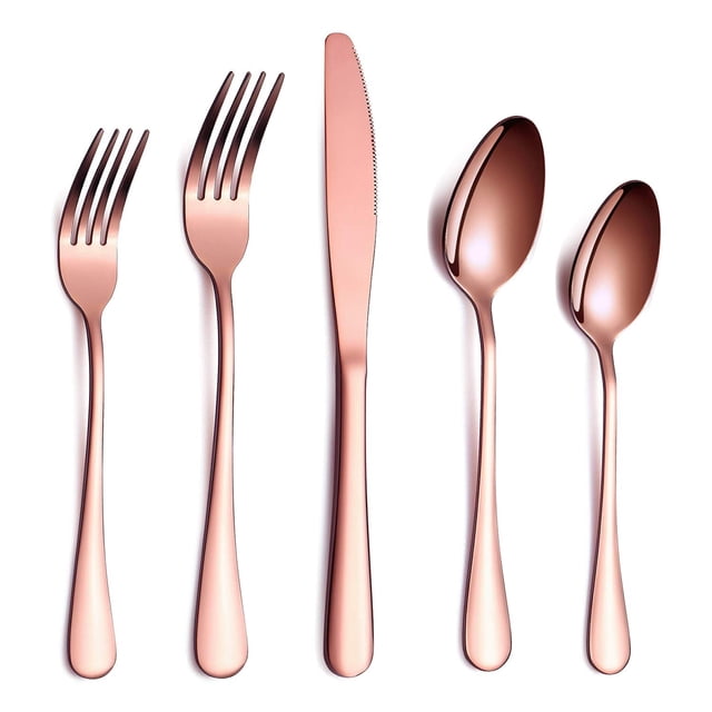 Rose Gold Flatware Set 20 Piece Service for 4, Copper Plated Stainless Steel Silverware set Service for 4 (Shiny, Copper)