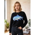 thumbnail image 5 of Women's Fish Graphic Crew Neck Loose Long Sleeve Pullover Knit Sweater Black XL, 5 of 8
