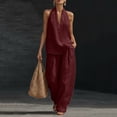 thumbnail image 3 of Textilo Womens Cotton Linen 2 Piece Sets Sleeveless V Neck Halter Top Matching Baggy Wide Leg Pants Outfit Solid Color Outfit Summer Travel Vacation Breathable 2026 Trendy Tracksuit,Wine S, 3 of 5
