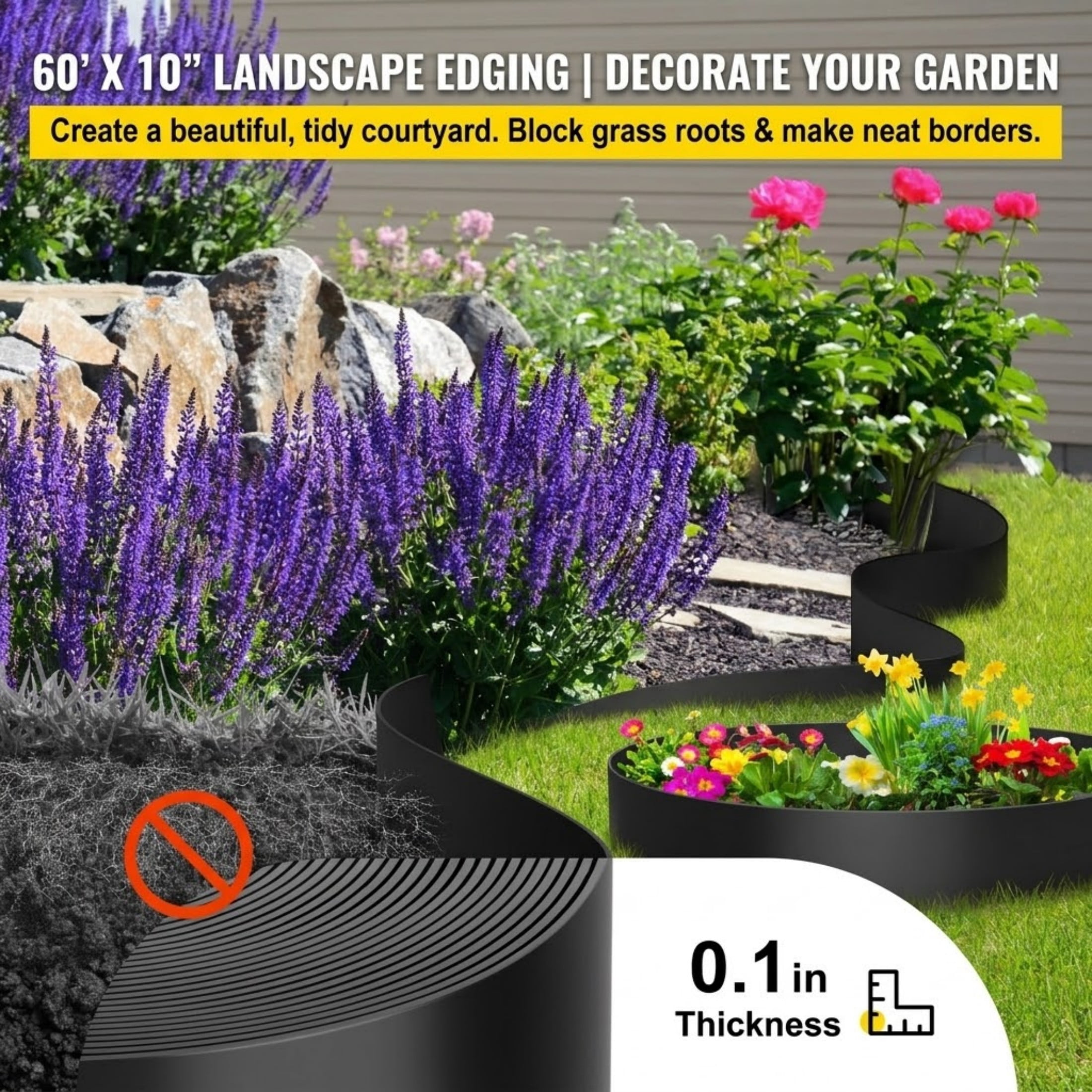 60 ft x 10 in Landscape Edging, Flexible HDPE Coiled Terrace Board Garden Border, Heavy Duty Weed Barrier for Lawn and Yard, Black