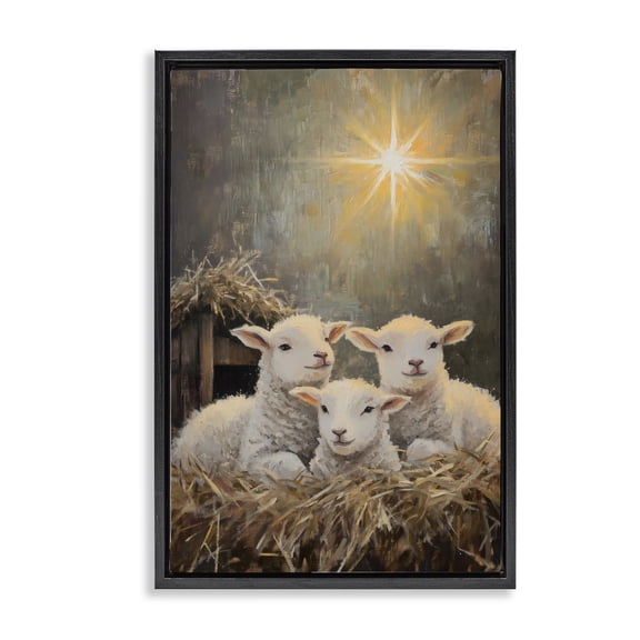 Festive Lambs in Stable Black Framed Floater Canvas Wall Art, design by Petal Prints Design