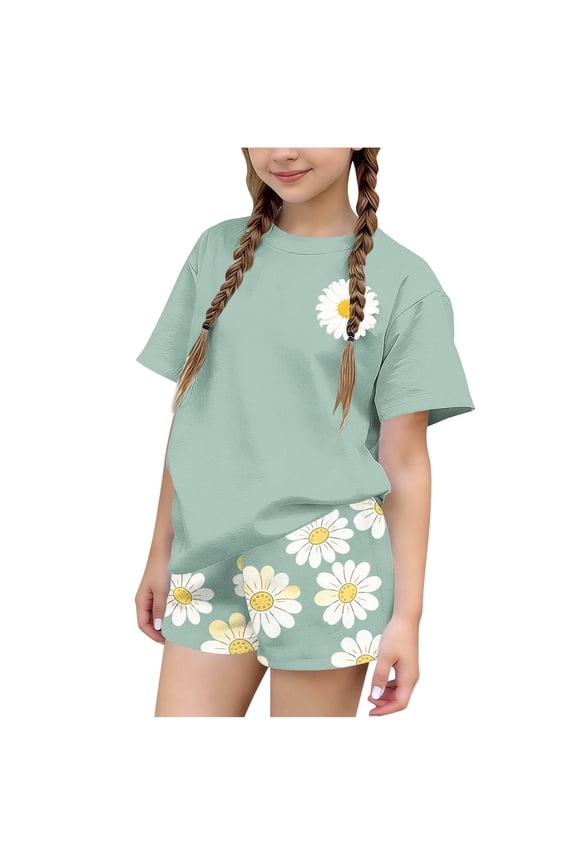 Girls Summer Outfit Sets Size 6, Casual Short Sleeve Graphic Girls' 2 Piece Sets Kids' Clothing Sets Green Size 6