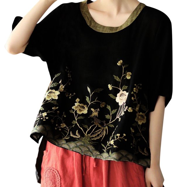 Gibobby Camisetas Mujer Baratas Manga Corta Camisa manga corta para mujer Camiseta corta con estampado floral Cauasl verano con cuello redondo sólido(Negro,M)