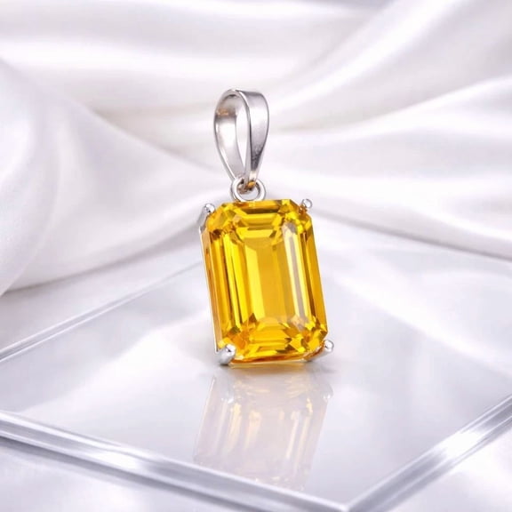 Yellow Sapphire 925 Sterling Silver Pendant with, 24 Carat, Emerald Cut for Jewelry Making