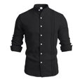 thumbnail image 4 of GrmtClth Men Casual Loose Fit Button Down Shirts, Stand Collar Pleated Front Soft Breathable Roll Up Sleeve Summer Beach Shirts Black S, 4 of 5