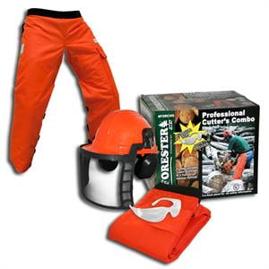 Forester Professional Cutter's Combo. Chap. Helmet System. Safety Glasses. Part Number FORCHG. Our Most Popular Size Chaps With Adjustable Waist And 37 Inch Length.