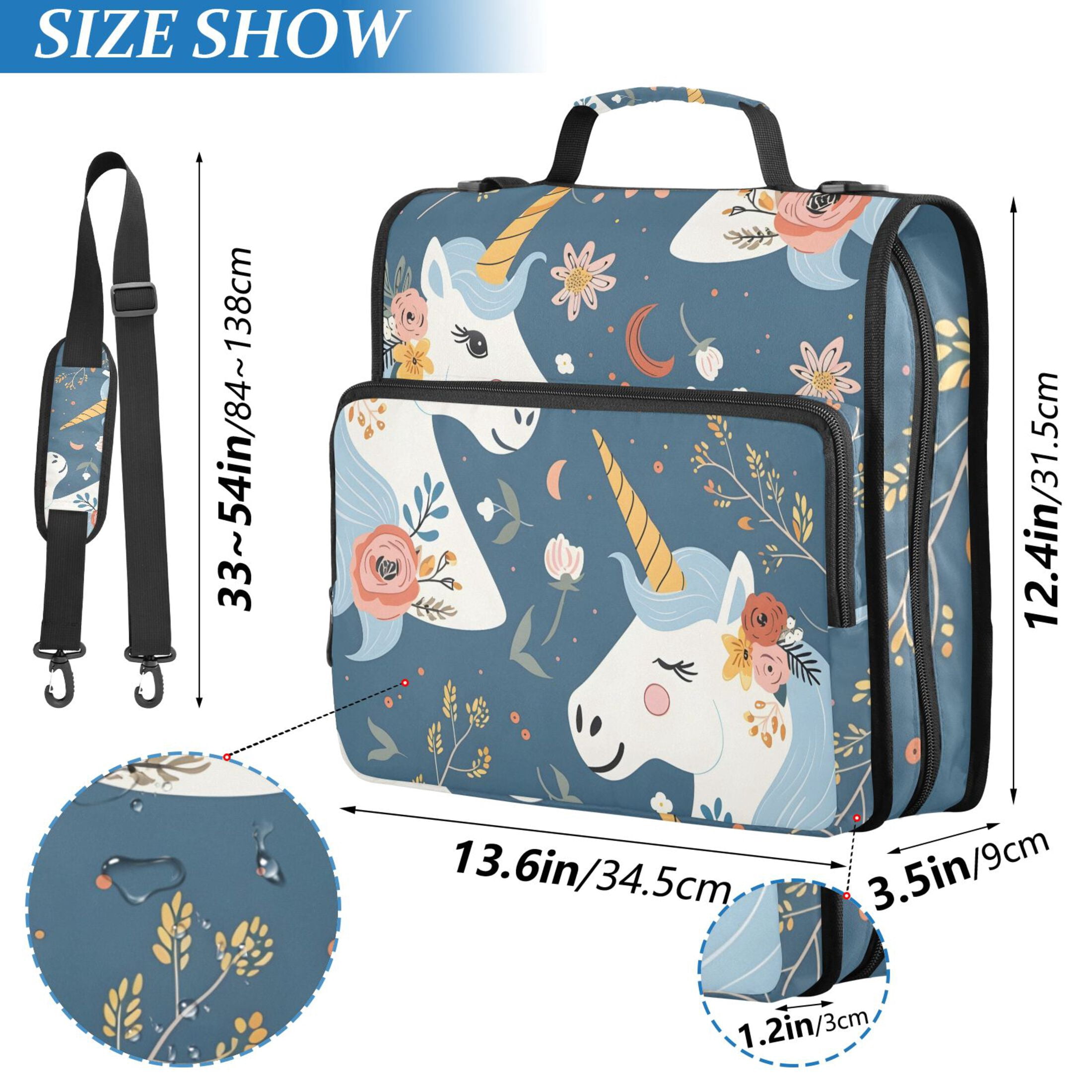 3 Ring Zipper Binder with Shoulder Strap Waterproof Trapper Keeper 2 Inch D-Ring 500 Sheets Capacity Beautiful Unicorn Head and Flower