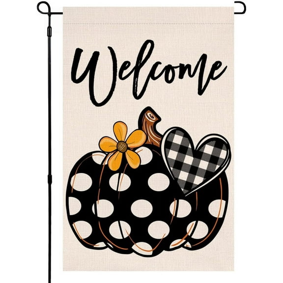 Shmbada Fall Pumpkin Garden Flag 12x18 Vertical Double Sided Welcome Black Dot Autumn Thanksgiving Holiday Outside Decorations Burlap Yard Flag
