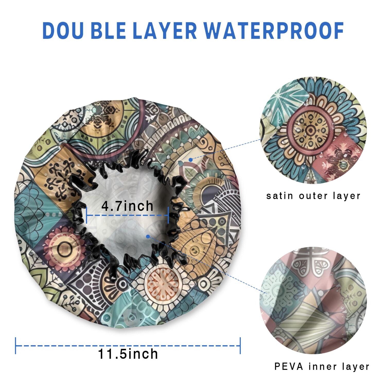 Shower Caps,Multicolor Ethnic Geometric Pattern Waterproof Shower Cap for Women 4 Pieces,Double Reusable Hair Cover for Shower PEVA Elastic Stretch Hem