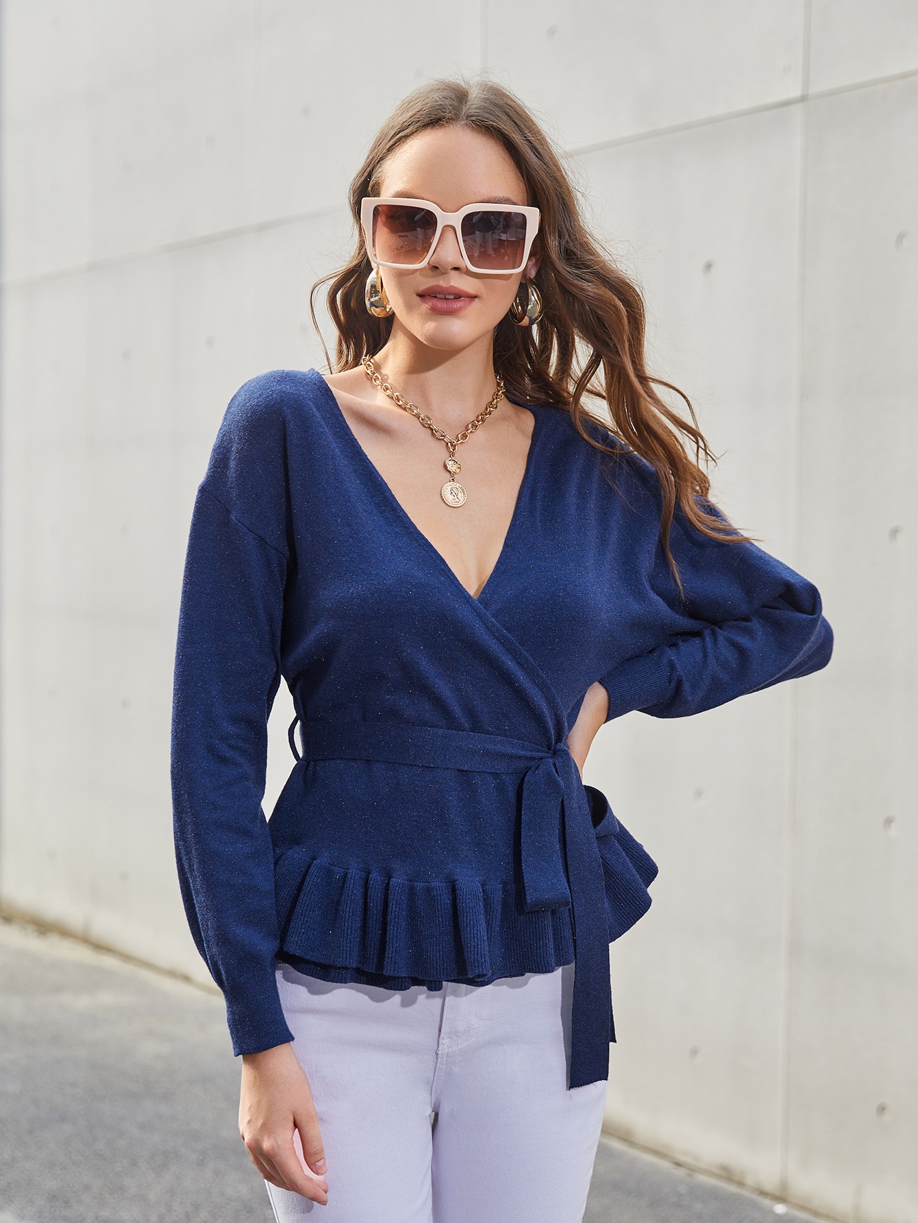 plunging batwing sleeve peplum belted sweater