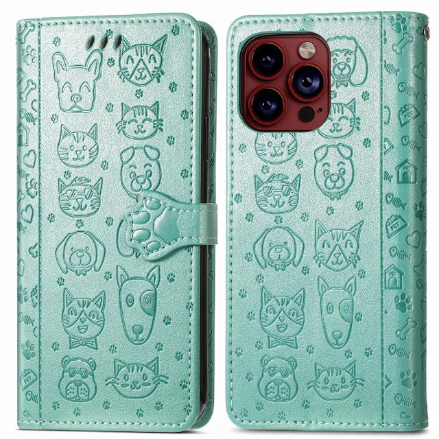 Funda Cartera FOXDOCK para iPhone 15 Pro , Flip PU con Relieve de Gatos y Perros, Tarjetero y Soporte