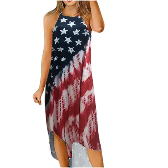 Ichaunyi Summer Dresses Women O-Neck Sleeveless Sling Slit Independence Day Printing Casual Long Dresses