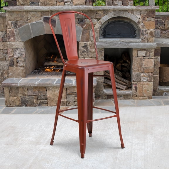BizChair Commercial Grade 4 Pack 30" High Distressed Kelly Red Metal Indoor-Outdoor Barstool with Back