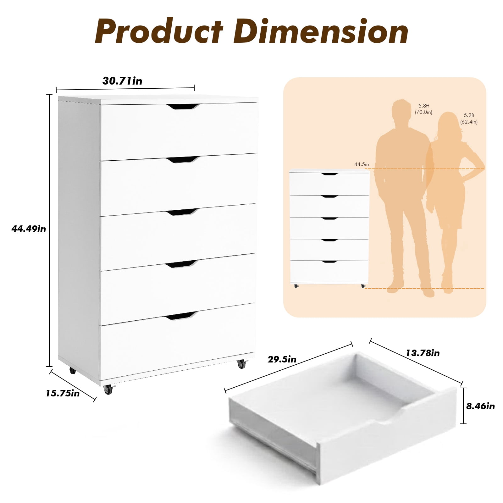 MOONMISS Wooden 5-Drawer Dresser with Wheels – Modern Storage Cabinet,White