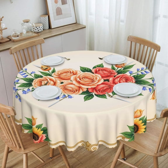 Vintage Floral Bouquet With Sunflow Round Tablecloth Waterproof Table Cloth Stain and Wrinkle Resistant Washable, Decorative Fabric Table Cover for Dining, Party and Camping