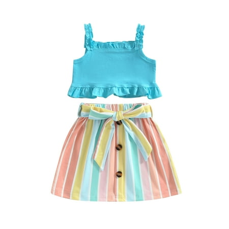 

xkwyshop Toddler Baby Girl Summer Clothes Rainbow Skirt Outfits Kids Ruffle Sleeveless Tops Mini Skirts Set Blue 12-18 Months